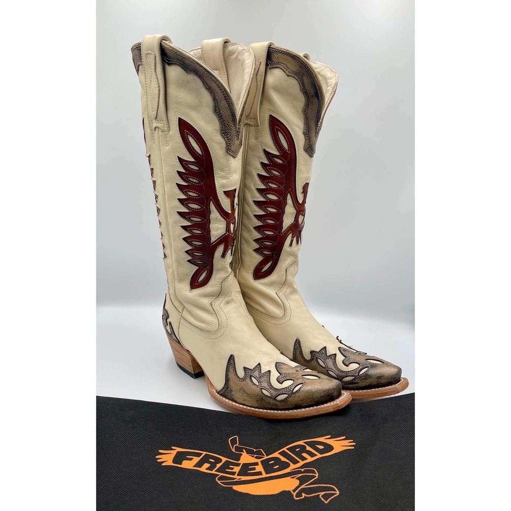 Freebird Willie Pewter Cognac Leather Western Eagle Inlay Tall Boots Womens 8